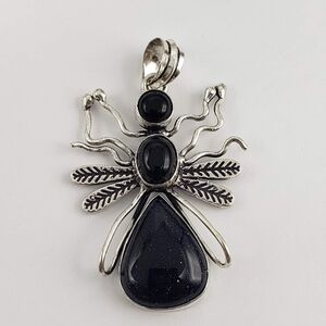 Sterling Silver Big Black Flying Bug - Cabochon Pendant NEW .925 Whimsical Fun
